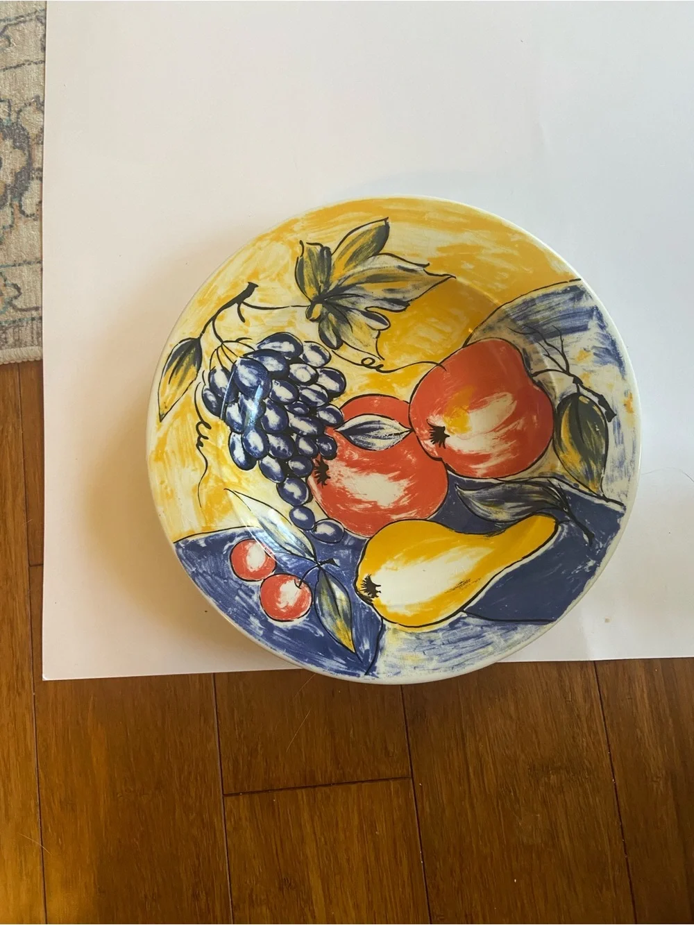 Pier 1 Hand-Painted Fruit Ceramic Plate in Yellow, Blue, Red. Made in Italy.